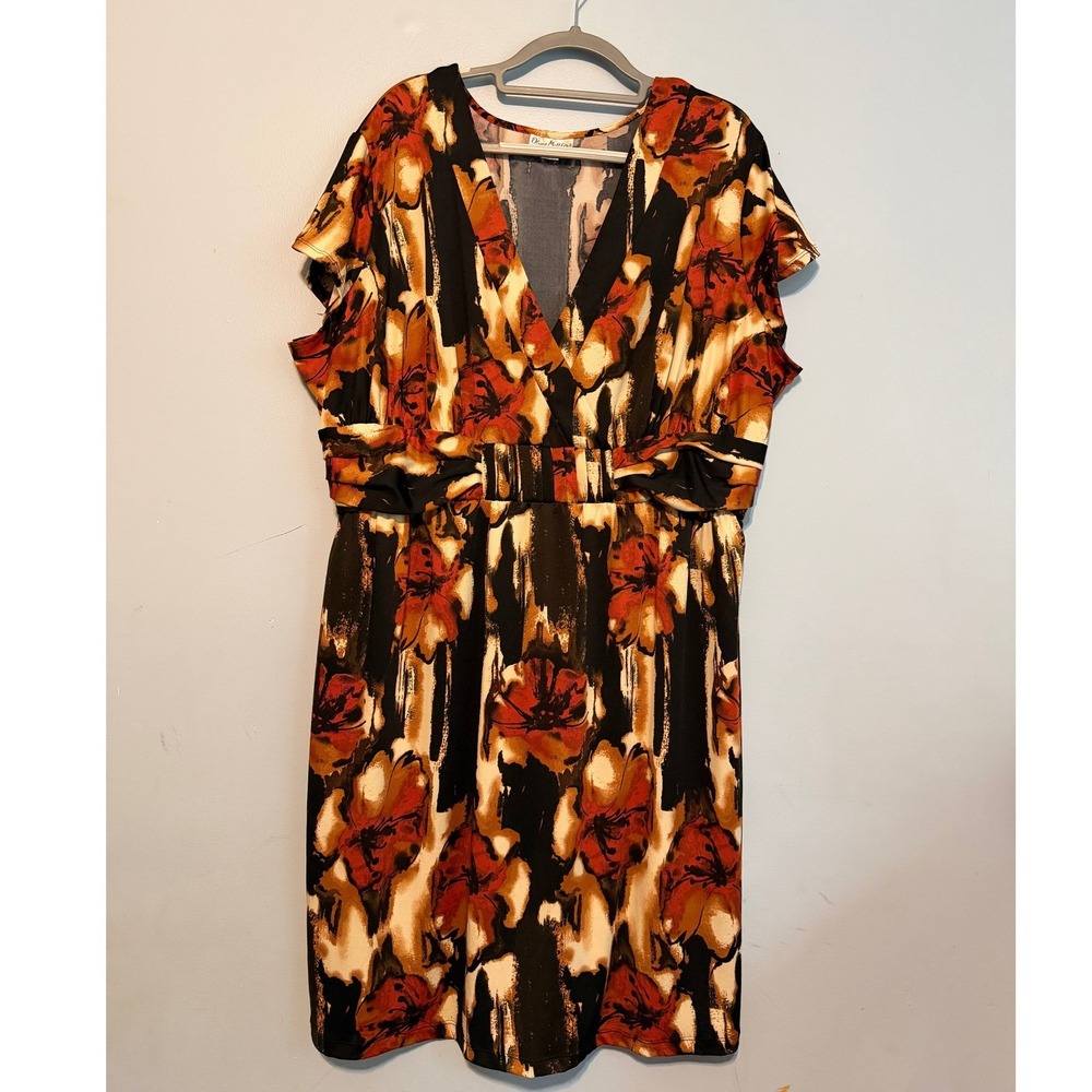 Olivia Matthews Size 20 Orange Black Abstract Floral V-Neck Empire Waist Dress